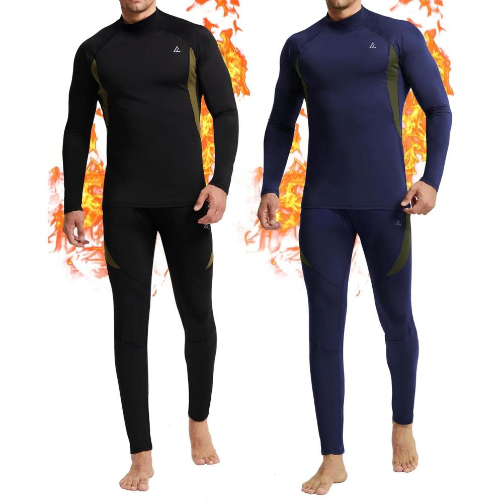 imageCL convallaria 2 Pack Mens Thermal Underwear Fleece Lined Long Johns Winter Base Layer Cold Weather Hunting GearBlack  Navy Blueturtle Neck
