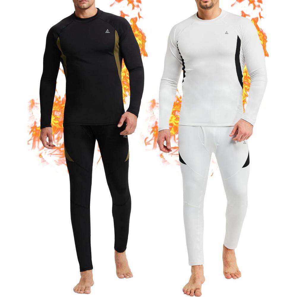 imageCL convallaria 2 Pack Mens Thermal Underwear Fleece Lined Long Johns Winter Base Layer Cold Weather Hunting GearBlack Whitecrew Neck