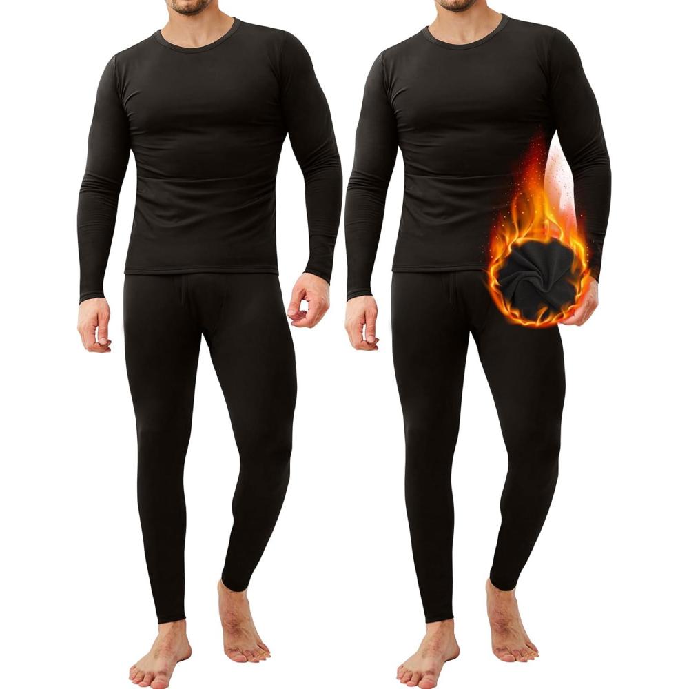 imageCL convallaria 2 Pack Thermal Underwear for Men Long Johns Fleece Lined Base Layer Set Winter Bottom Top 2XS6XLCrew NeckblackBlack