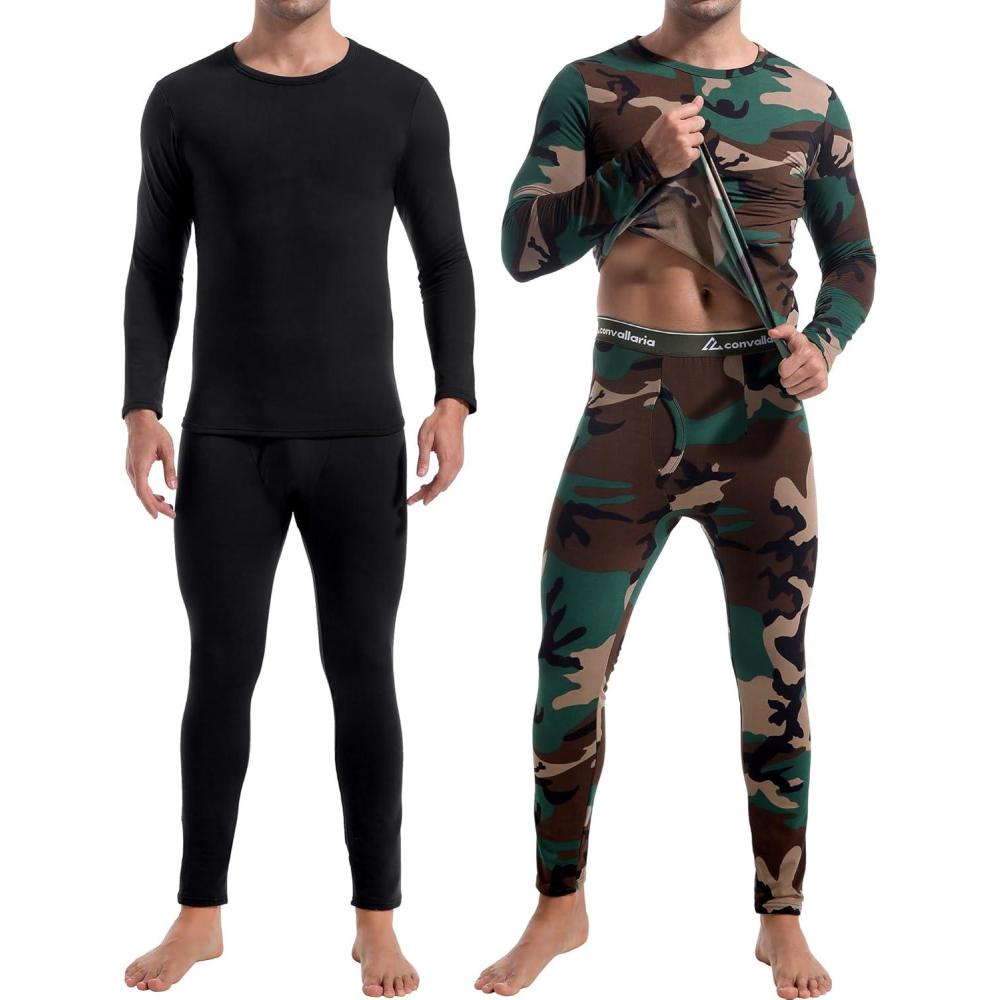 imageCL convallaria 2 Pack Thermal Underwear for Men Long Johns Fleece Lined Base Layer Set Winter Bottom Top 2XS6XLCrew NeckblackCamo