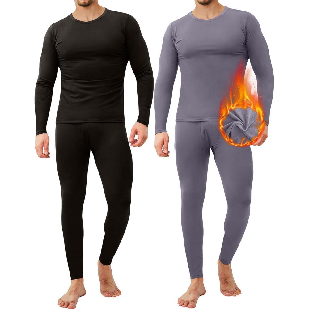 imageCL convallaria 2 Pack Thermal Underwear for Men Long Johns Fleece Lined Base Layer Set Winter Bottom Top 2XS6XLCrew NeckblackGrey