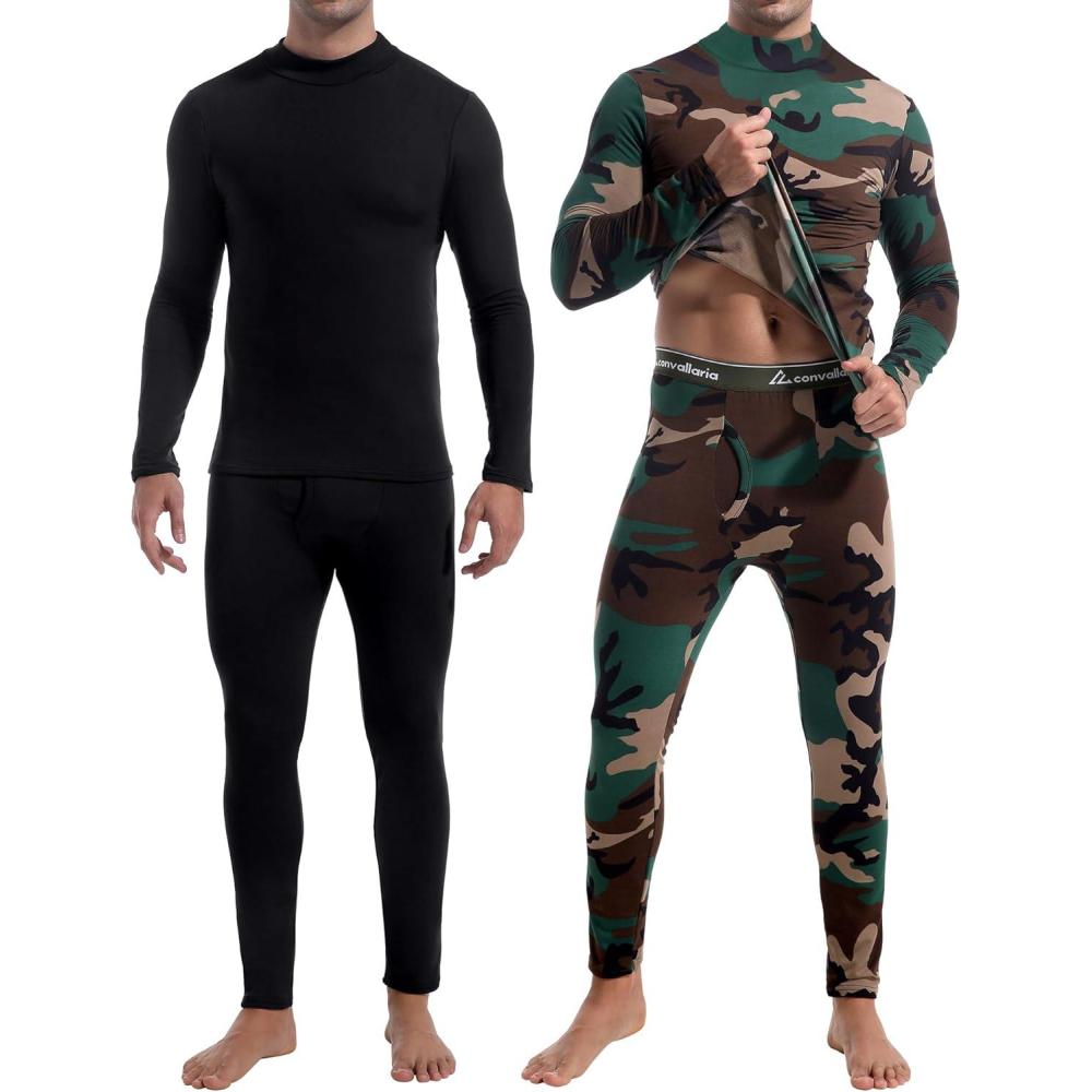 imageCL convallaria 2 Pack Thermal Underwear for Men Long Johns Fleece Lined Base Layer Set Winter Bottom Top 2XS6XLTurtle NeckblackCamo
