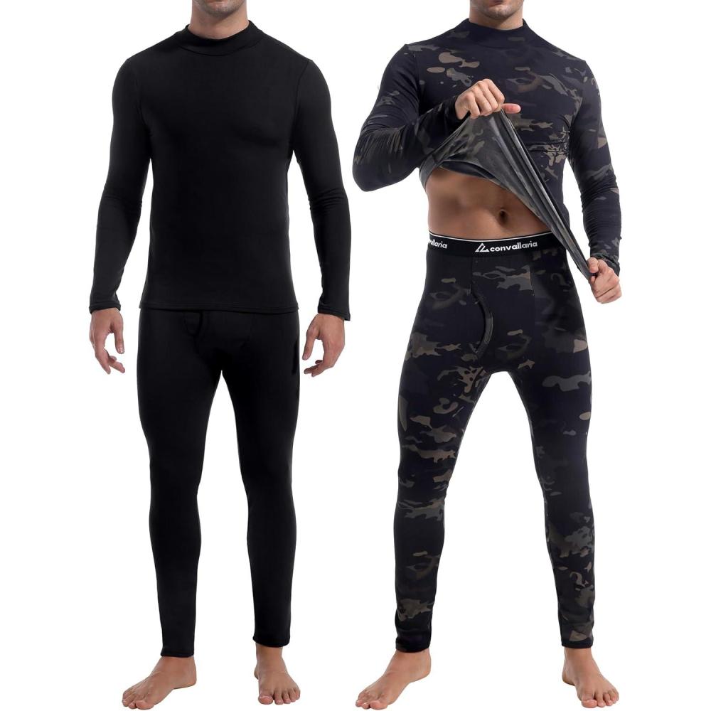 imageCL convallaria 2 Pack Thermal Underwear for Men Long Johns Fleece Lined Base Layer Set Winter Bottom Top 2XS6XLTurtle NeckblackCamo Black