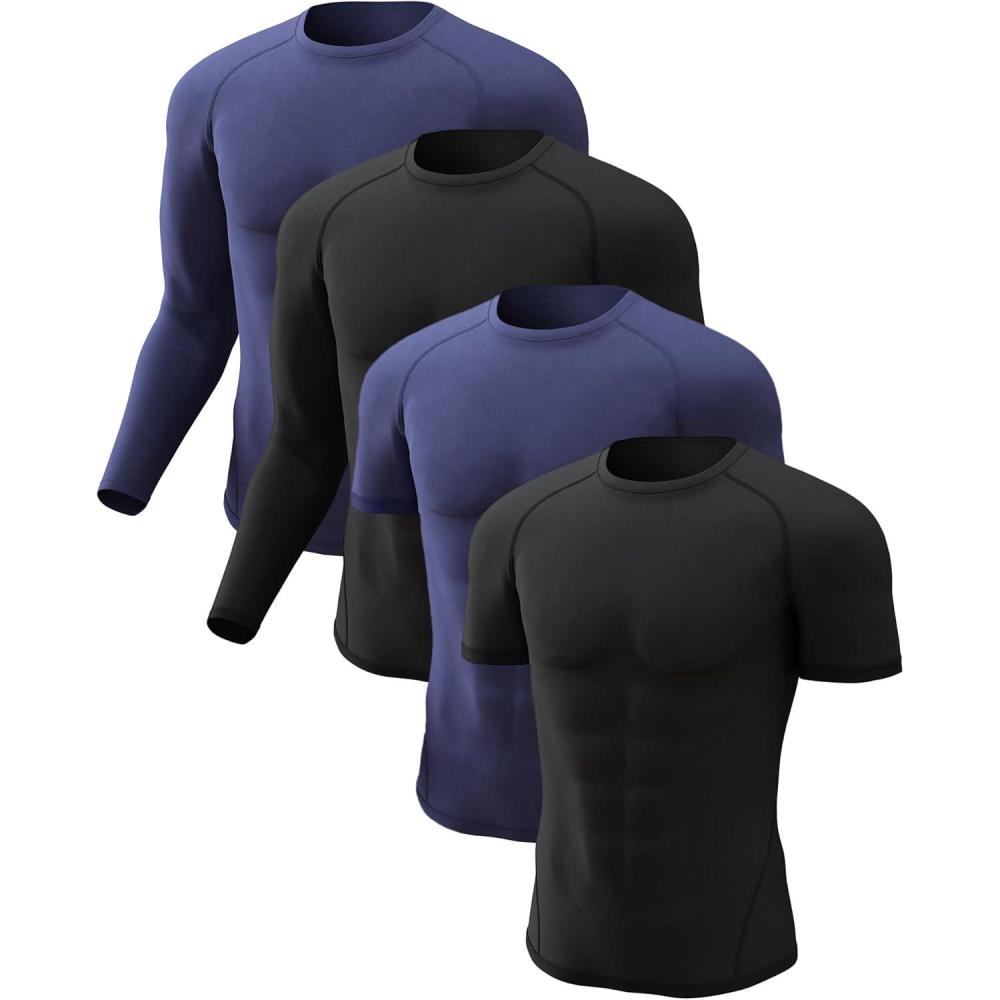 imageCL convallaria 4 Pack Compression Shirts Men Long Short Sleeve Cooling Dry Rash Guard Athletic Workout T Shirt for Sports2 Black  2 Blue