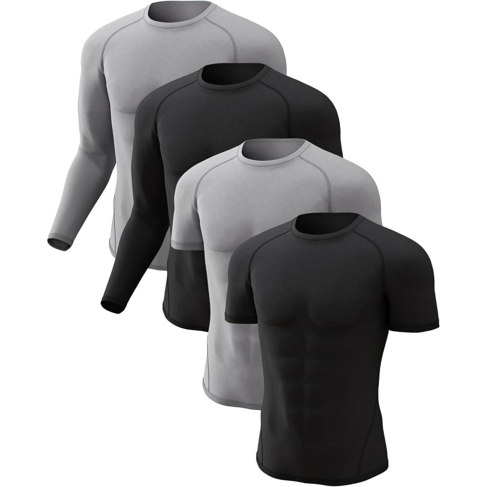 imageCL convallaria 4 Pack Compression Shirts Men Long Short Sleeve Cooling Dry Rash Guard Athletic Workout T Shirt for Sports2 Black  2 Grey