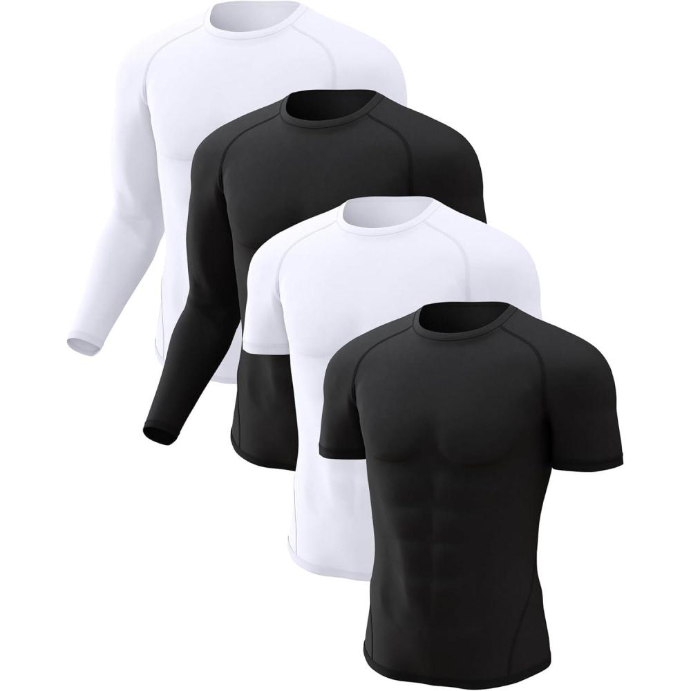 imageCL convallaria 4 Pack Compression Shirts Men Long Short Sleeve Cooling Dry Rash Guard Athletic Workout T Shirt for Sports2 Black  2 White