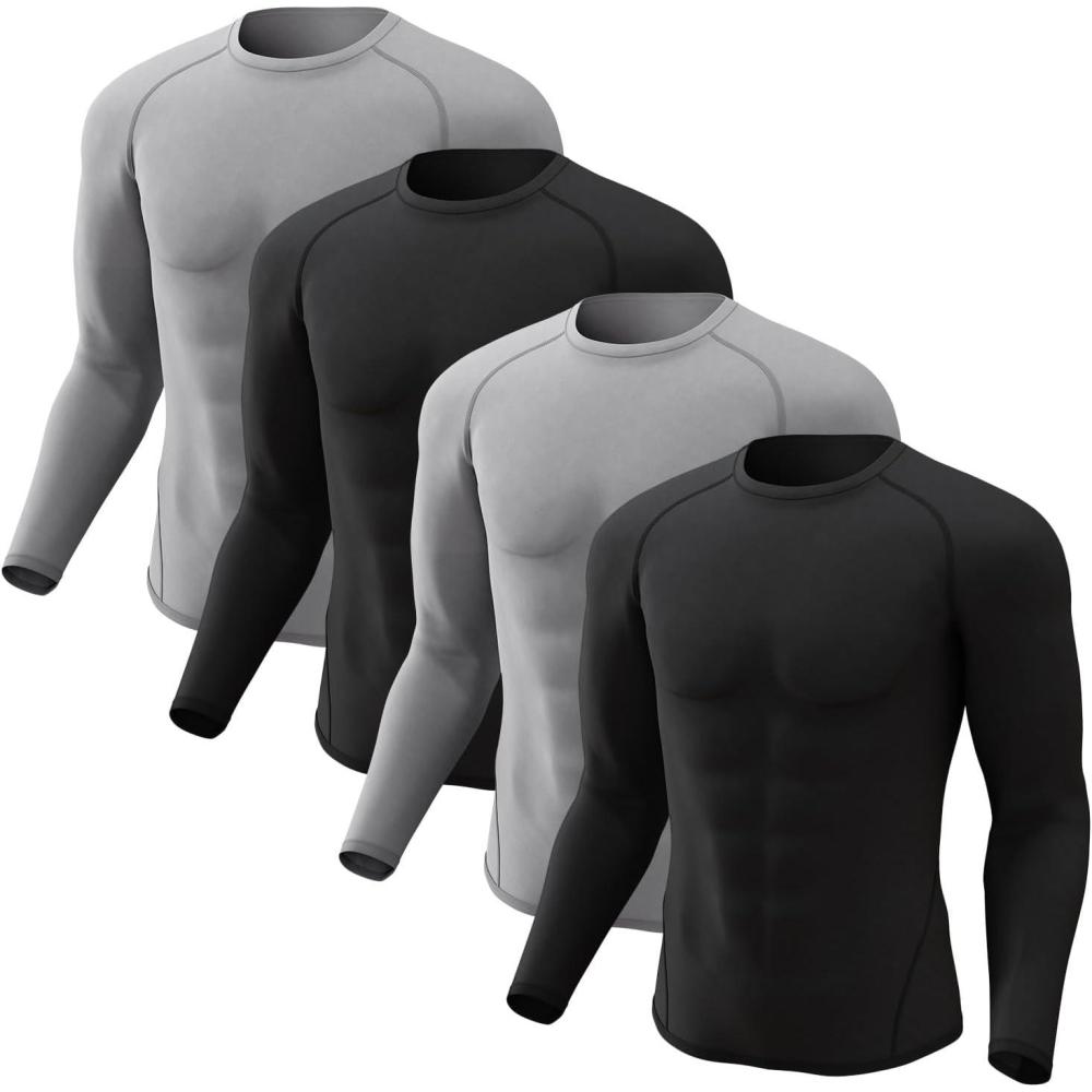 imageCL convallaria 4 Pack Compression Shirts Men Long Short Sleeve Cooling Dry Rash Guard Athletic Workout T Shirt for SportsLong Sleeve2 Black  2 Grey