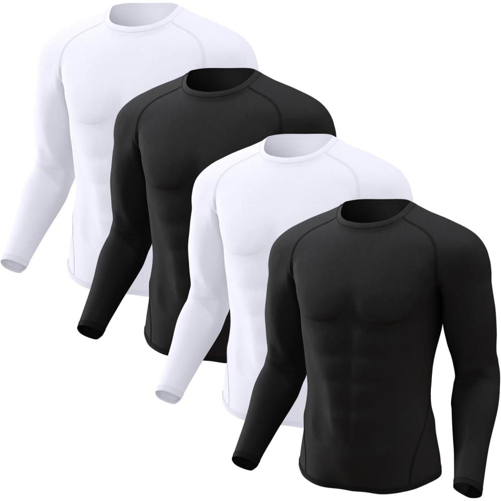 imageCL convallaria 4 Pack Compression Shirts Men Long Short Sleeve Cooling Dry Rash Guard Athletic Workout T Shirt for SportsLong Sleeve2 Black  2 White