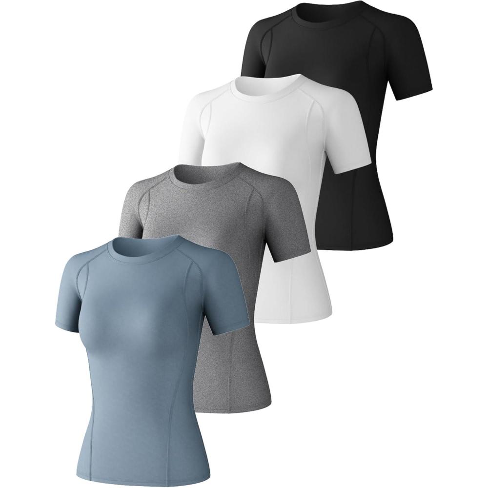imageCL convallaria 4 Pack Womens Compression Shirt Cool Dry Long Short Sleeve Workout Athletic Tops for Yoga Gym RunningBlackwhitehaze Blueheather Light Gray