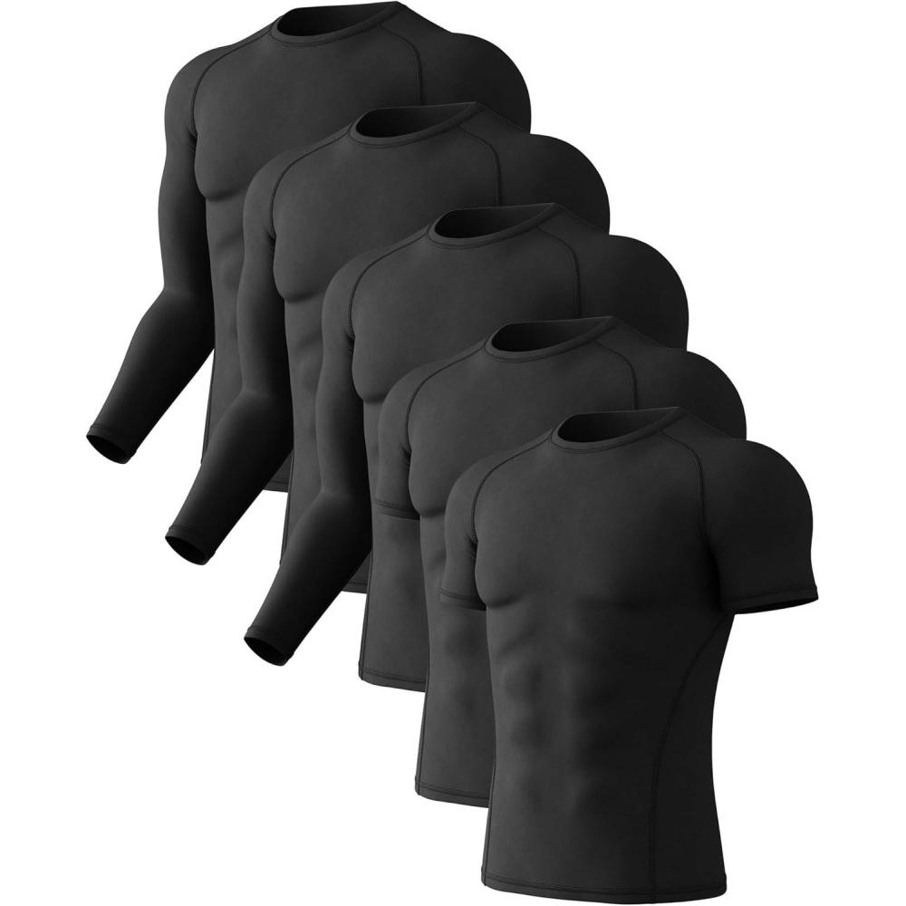 imageCL convallaria 4 or 5 Pack Mens Compression Shirt Workout Rash Guard Long Short Sleeve Undershirts for Athletic Gym RunningA5black