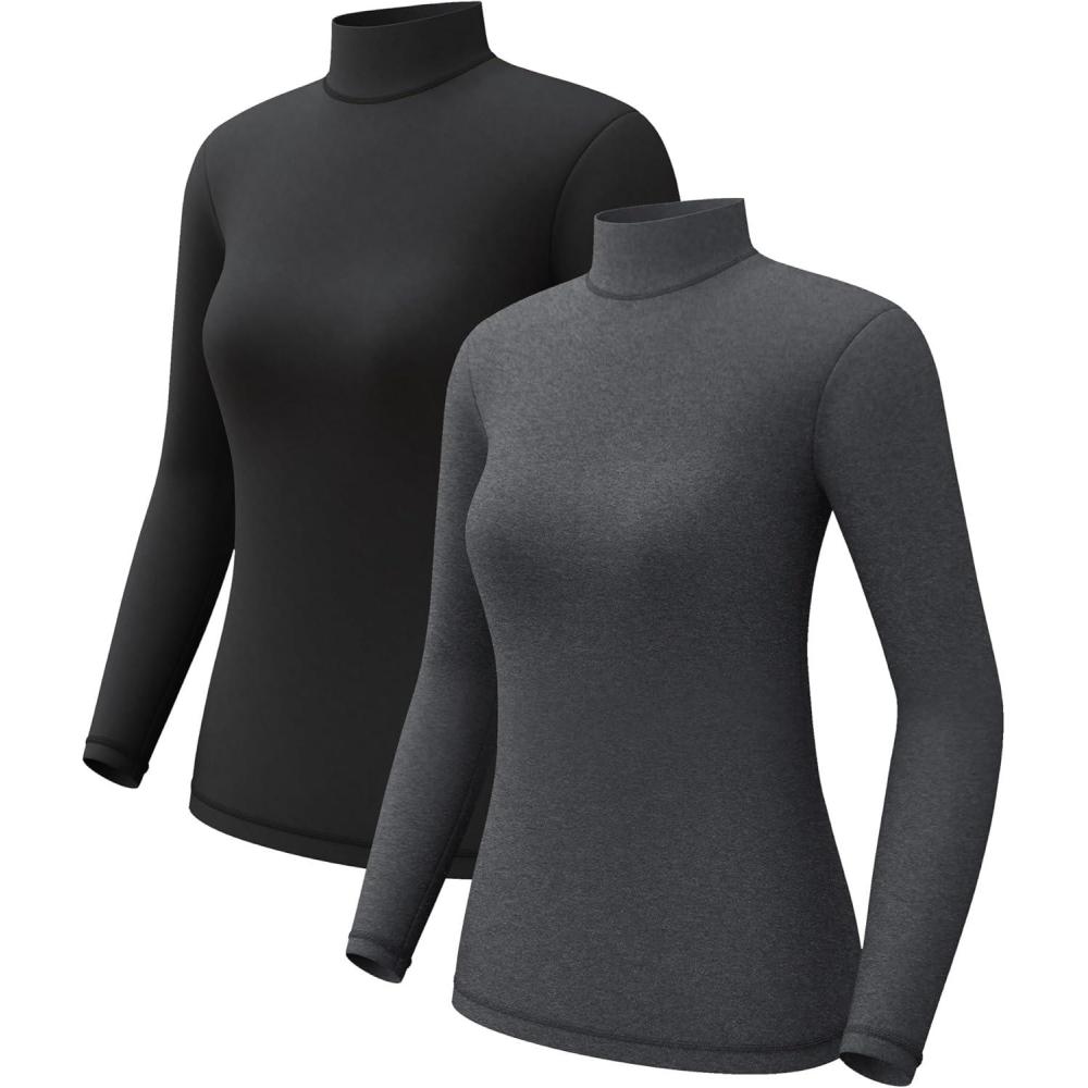 imageCL convallaria Turtleneck Thermal Underwear Shirts Women Fleece Lined Base Layer Tops Long Sleeve 2 4 PackMock Neckblack  Heather Ligth Gray