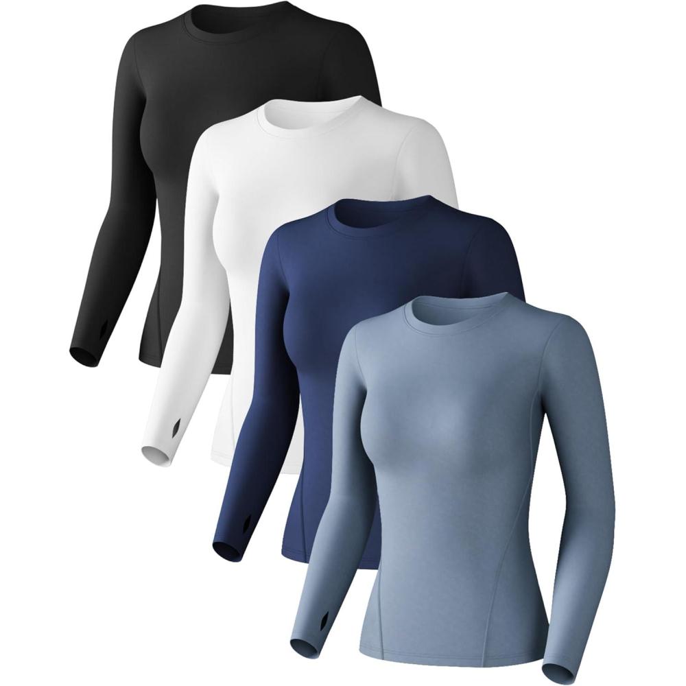 imageWomens Compression Shirt Long Sleeve Athletic Workout Tops Sun Protection Undershirt for Gym Yoga RunningBlackwhitehaze Bluedark Blue