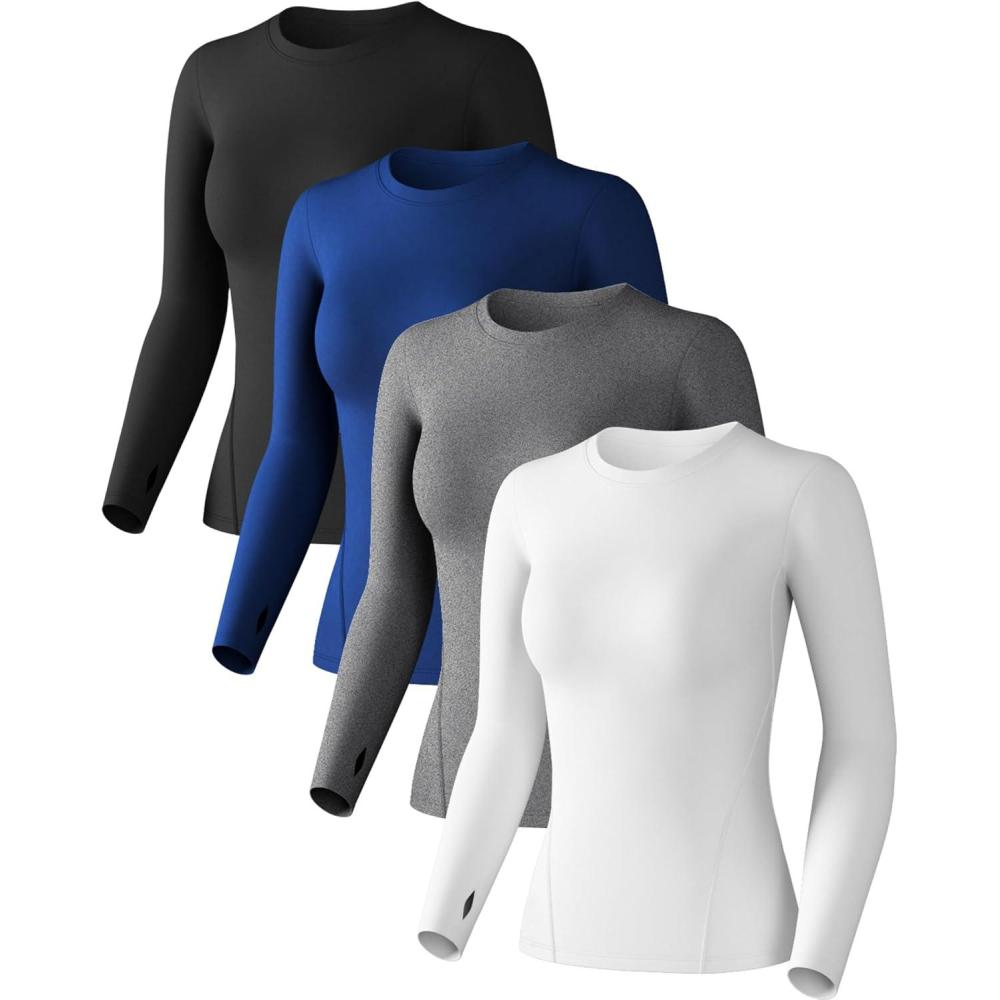 imageWomens Compression Shirt Long Sleeve Athletic Workout Tops Sun Protection Undershirt for Gym Yoga RunningBlackwhiteheather Ligth Grayroyal Blue