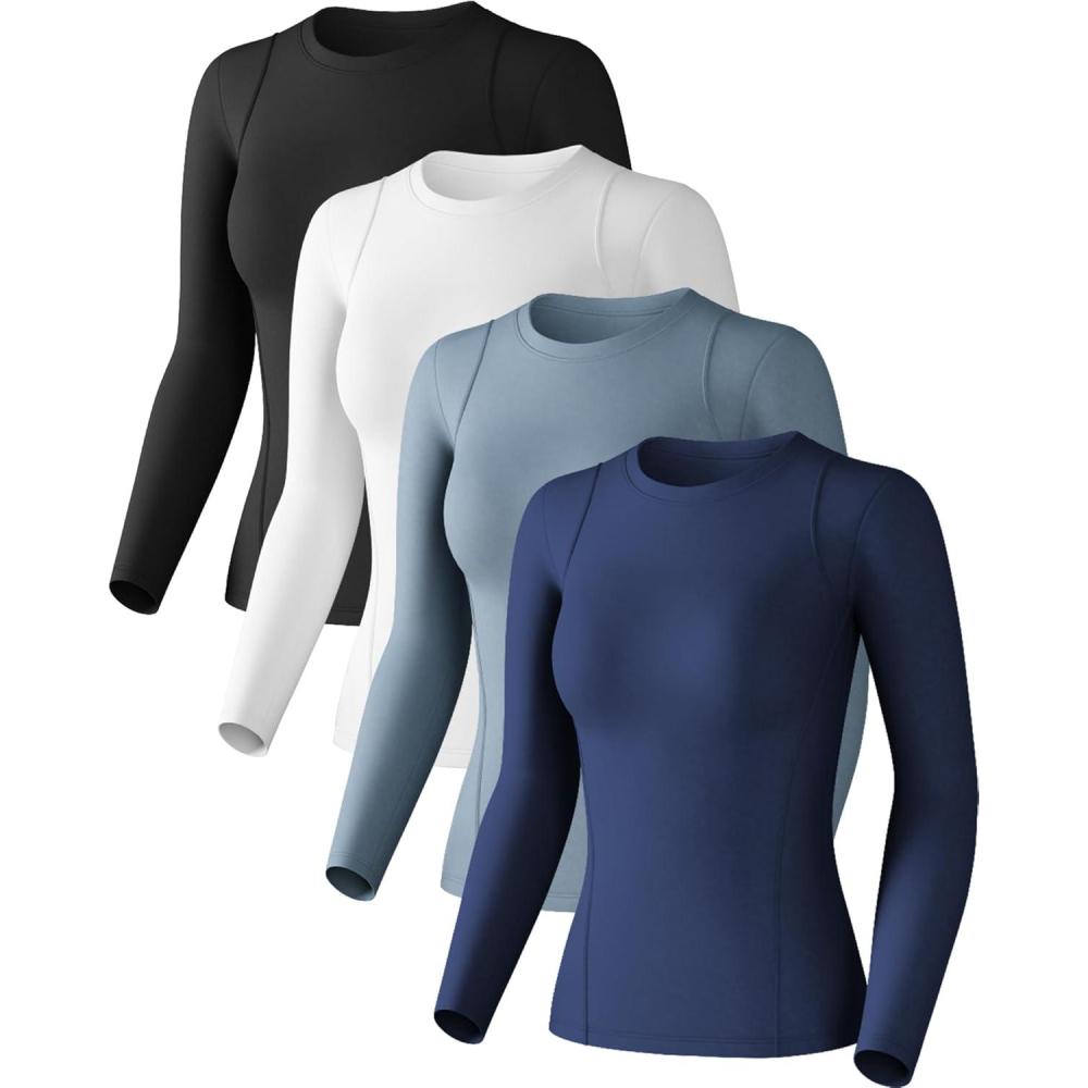 imageWomens Compression Shirts Long Sleeve Athletic Workout Tops Cool Dry Underscrubs Sun Protection for Gym Yoga RunningBlackwhitehaze Bluedark Blue