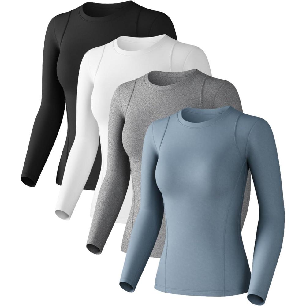 imageWomens Compression Shirts Long Sleeve Athletic Workout Tops Cool Dry Underscrubs Sun Protection for Gym Yoga RunningBlackwhitehaze Blueheather Light Gray