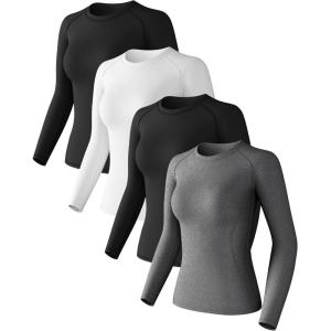 4 Pack Women’s Long Sleeve Compression Shirts Athletic with T-Shirts Workout Tops for Gym Yoga Running(2black+white+heather Ligth Gray)