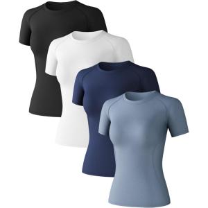 4 Pack Women’s Long Sleeve Compression Shirts Athletic with T-Shirts Workout Tops for Gym Yoga Running(Black+white+haze Blue+dark Blue-short)