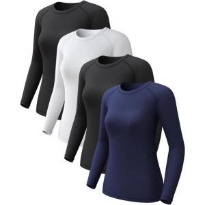 4 Pack Women’s Long Sleeve Compression Shirts, Dry Fit Workout Athletic Sun Protection Cooling Tops for Yoga Running Gym(2 Black/White/Blue)