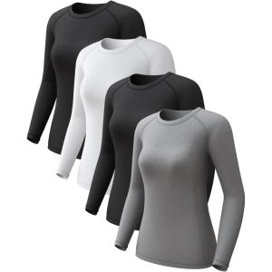 4 Pack Women’s Long Sleeve Compression Shirts, Dry Fit Workout Athletic Sun Protection Cooling Tops for Yoga Running Gym(2 Black/White/Grey)