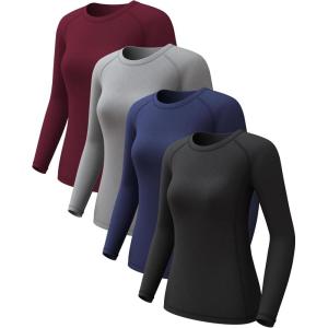 4 Pack Women’s Long Sleeve Compression Shirts, Dry Fit Workout Athletic Sun Protection Cooling Tops for Yoga Running Gym(Black/Blue/Grey/Wine Red)