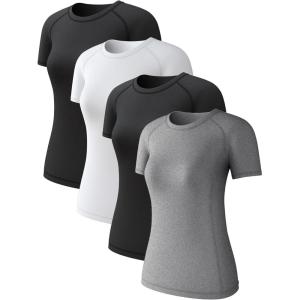 4 Pack Women’s Long Sleeve Compression Shirts, Dry Fit Workout Athletic Sun Protection Cooling Tops for Yoga Running Gym(Black/White/Black/Heather Light Gray)