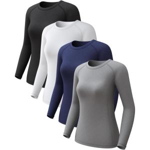 4 Pack Women’s Long Sleeve Compression Shirts, Dry Fit Workout Athletic Sun Protection Cooling Tops for Yoga Running Gym(Black/White/Grey/Blue)