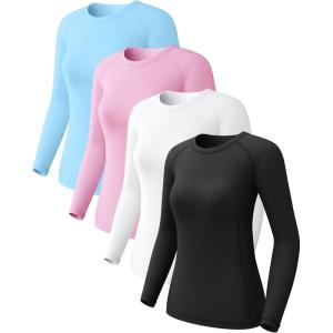 4 Pack Women’s Long Sleeve Compression Shirts, Dry Fit Workout Athletic Sun Protection Cooling Tops for Yoga Running Gym(Black/White/Pink/Blue)
