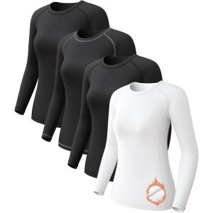 4 Pack Women’s Long Sleeve Compression Shirts, Dry Fit Workout Athletic Sun Protection Cooling Tops for Yoga Running Gym(T-2 Black/Black(white)/White)
