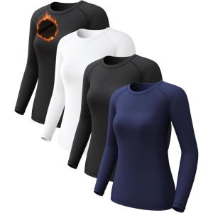 4 Pack Women’s Long Sleeve Compression Shirts, Dry Fit Workout Athletic Sun Protection Cooling Tops for Yoga Running Gym(T-2 Black/White/Blue)