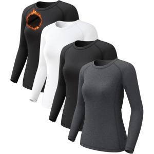 4 Pack Women’s Long Sleeve Compression Shirts, Dry Fit Workout Athletic Sun Protection Cooling Tops for Yoga Running Gym(T-2 Black/White/Heather Light Gray)