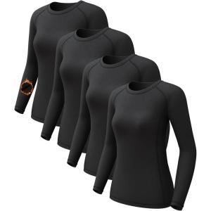 4 Pack Women’s Long Sleeve Compression Shirts, Dry Fit Workout Athletic Sun Protection Cooling Tops for Yoga Running Gym(T-4 Black)