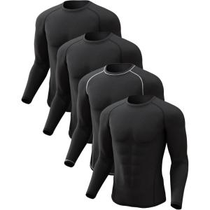 4 or 2 Pack Men’s Thermal Shirt Long Sleeve Fleece Lined Tops Base Layer Compression Undershirt Athletic Sport Gear(Crew Neck-3black/Black(white))