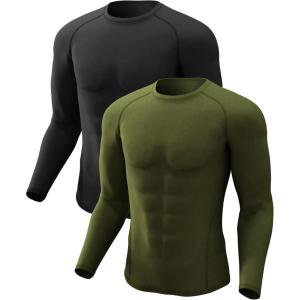 4 or 2 Pack Men’s Thermal Shirt Long Sleeve Fleece Lined Tops Base Layer Compression Undershirt Athletic Sport Gear(Crew Neck-black/Army Green)