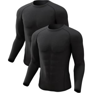 4 or 2 Pack Men’s Thermal Shirt Long Sleeve Fleece Lined Tops Base Layer Compression Undershirt Athletic Sport Gear(Crew Neck-black/Black)