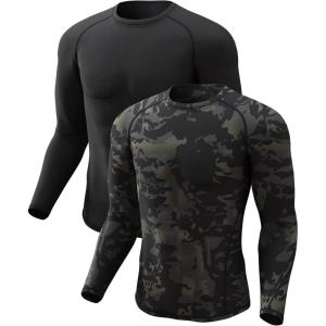 4 or 2 Pack Men’s Thermal Shirt Long Sleeve Fleece Lined Tops Base Layer Compression Undershirt Athletic Sport Gear(Crew Neck-black/Camo Black)