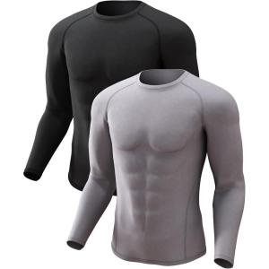 4 or 2 Pack Men’s Thermal Shirt Long Sleeve Fleece Lined Tops Base Layer Compression Undershirt Athletic Sport Gear(Crew Neck-black/Grey)