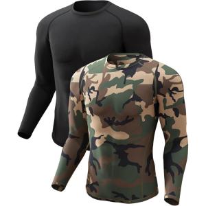 4 or 2 Pack Men’s Thermal Shirt Long Sleeve Fleece Lined Tops Base Layer Compression Undershirt Athletic Sport Gear(Crew Neck-black+camo)