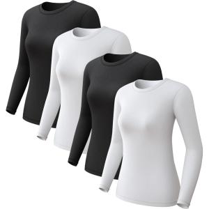 CL convallaria 1 2 4 Pack Women’s Thermal Underwear Tops, Women Fleece Lined Long Sleeve Baselayer Shirt for Winter(2 Black & 2 White)