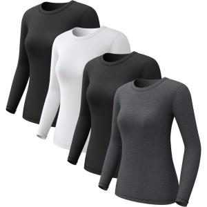 CL convallaria 1 2 4 Pack Women’s Thermal Underwear Tops, Women Fleece Lined Long Sleeve Baselayer Shirt for Winter(2 Black/White/Heather Ligth Gray)