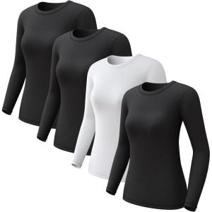 CL convallaria 1 2 4 Pack Women’s Thermal Underwear Tops, Women Fleece Lined Long Sleeve Baselayer Shirt for Winter(3 Black & White)
