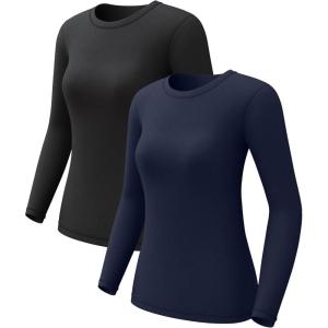CL convallaria 1 2 4 Pack Women’s Thermal Underwear Tops, Women Fleece Lined Long Sleeve Baselayer Shirt for Winter(Black & Blue)