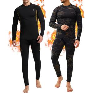 CL convallaria 2 Pack Mens Thermal Underwear Fleece Lined Long Johns Winter Base Layer Cold Weather Hunting Gear(Black & Camo Black-crew Neck)