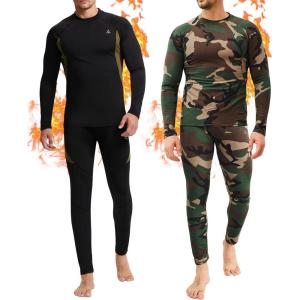 CL convallaria 2 Pack Mens Thermal Underwear Fleece Lined Long Johns Winter Base Layer Cold Weather Hunting Gear(Black & Camo Green-crew Neck)
