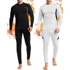 CL convallaria 2 Pack Mens Thermal Underwear Fleece Lined Long Johns Winter Base Layer Cold Weather Hunting Gear(Black & White-crew Neck)