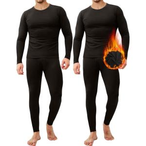 CL convallaria 2 Pack Thermal Underwear for Men Long Johns Fleece Lined Base Layer Set Winter Bottom Top 2XS-6XL(Crew Neck-black/Black)