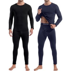 CL convallaria 2 Pack Thermal Underwear for Men Long Johns Fleece Lined Base Layer Set Winter Bottom Top 2XS-6XL(Crew Neck-black/Blue)