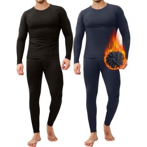 CL convallaria 2 Pack Thermal Underwear for Men Long Johns Fleece Lined Base Layer Set Winter Bottom Top 2XS-6XL(Crew Neck-black/Charcoal)
