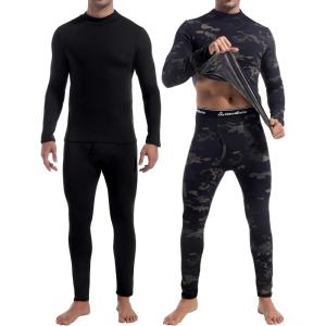 CL convallaria 2 Pack Thermal Underwear for Men Long Johns Fleece Lined Base Layer Set Winter Bottom Top 2XS-6XL(Turtle Neck-black/Camo Black)