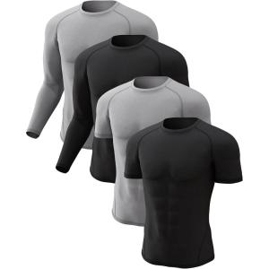CL convallaria 4 Pack Compression Shirts Men Long Short Sleeve Cooling Dry Rash Guard Athletic Workout T Shirt for Sports(2 Black & 2 Grey)
