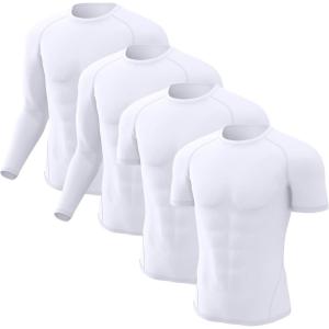 CL convallaria 4 Pack Compression Shirts Men Long Short Sleeve Cooling Dry Rash Guard Athletic Workout T Shirt for Sports(4 White (2 Long & 2 Short))